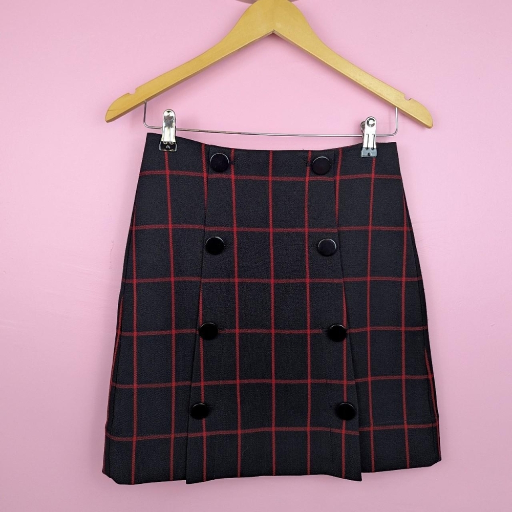 Loft Petites Black & Red Window Pane Check Plaid Double Breasted Mini Skirt